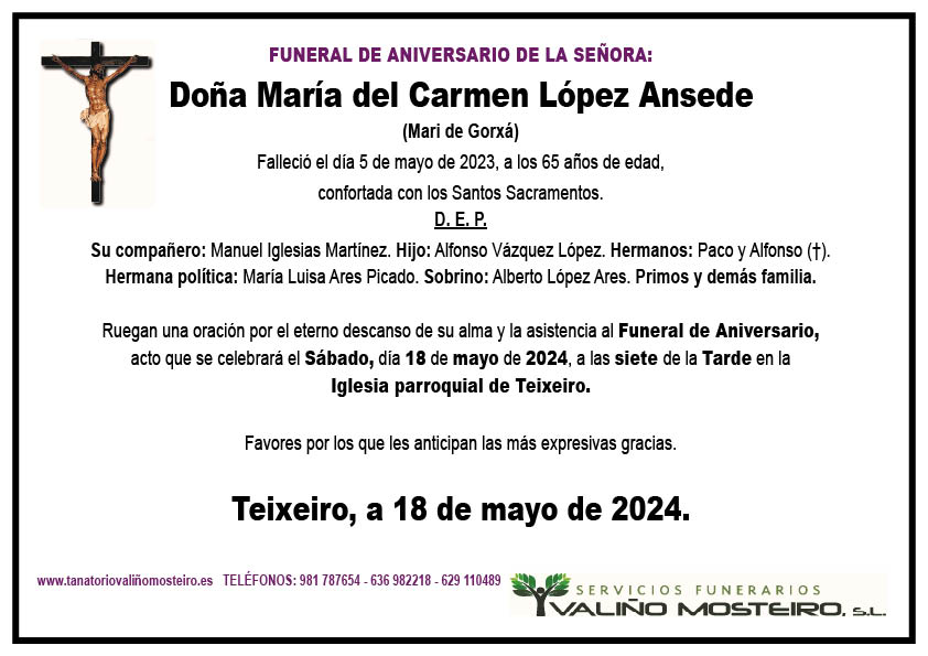 Esquela de María del Carmen López Ansede.