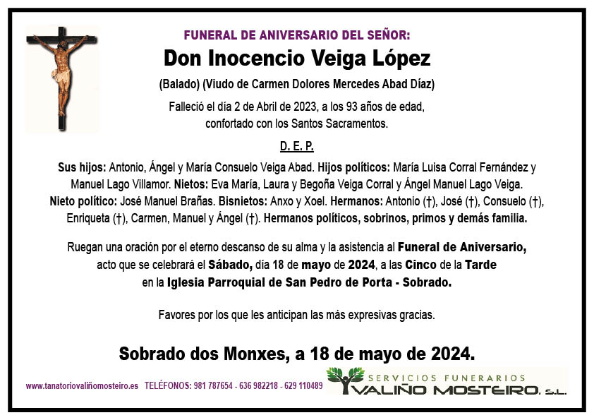 Esquela de Inocencio Veiga López.