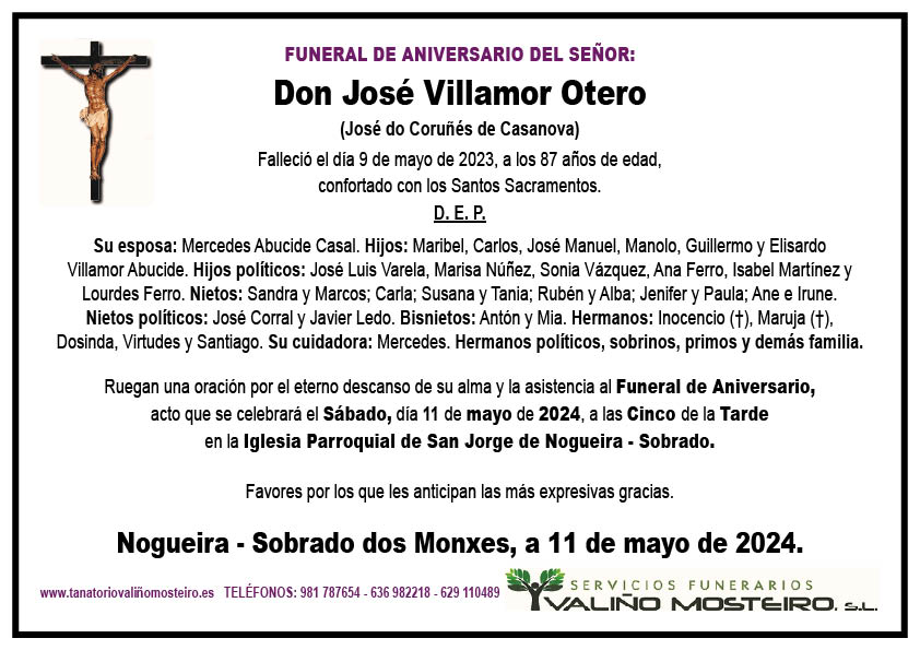 Esquela de José Villamor Otero.