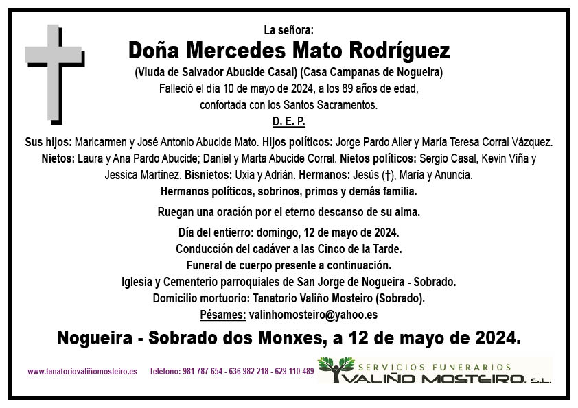 Esquela de Mercedes Mato Rodríguez.