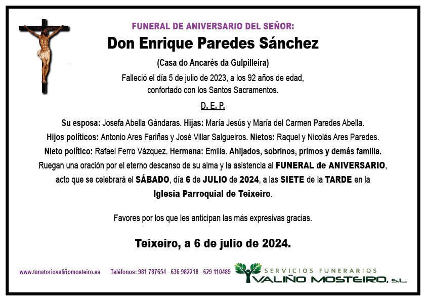 Esquela de Enrique Paredes Sánchez.