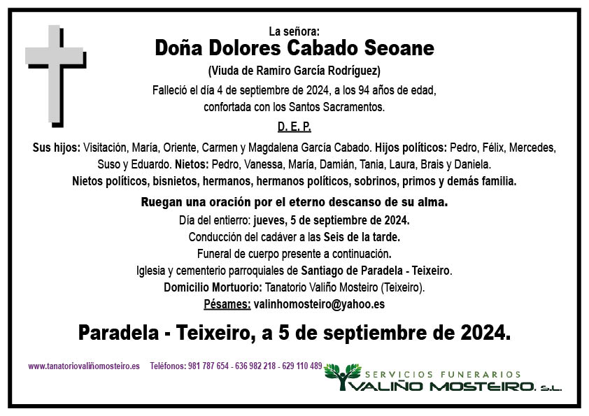 Esquela de Dolores Cabado Seoane.