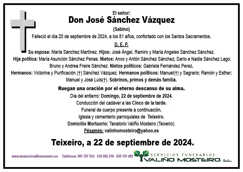 Esquela de José Sánchez Vázquez.
