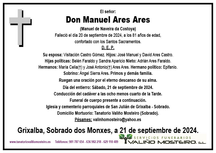 Esquela de Manuel Ares Ares.