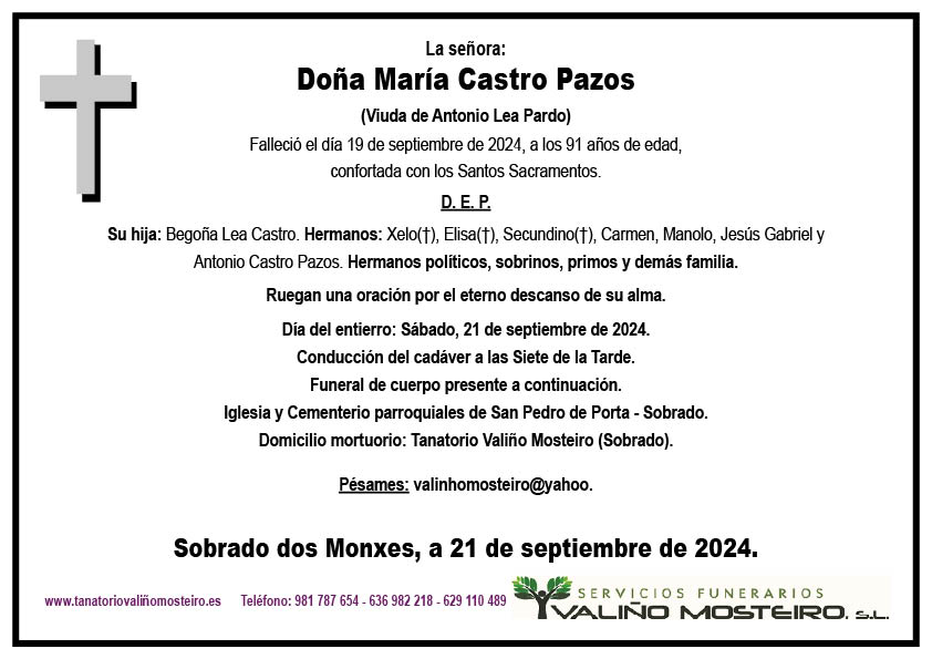 Esquela de María Castro Pazos.