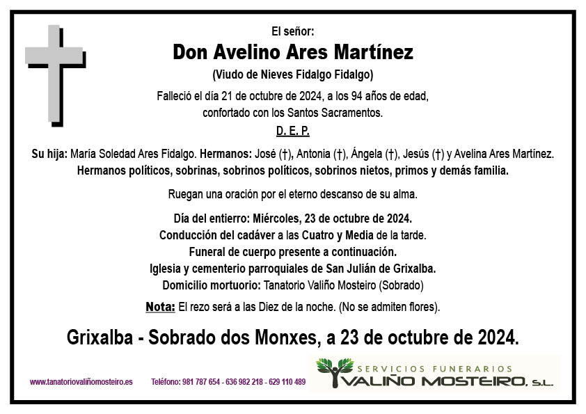 Esquela de Avelino Ares Martínez.
