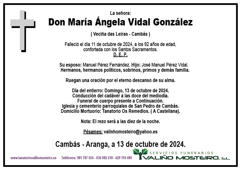 Esquela de María Ángela Vidal González.