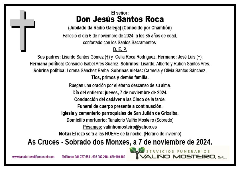 Esquela de Jesús Santos Roca.