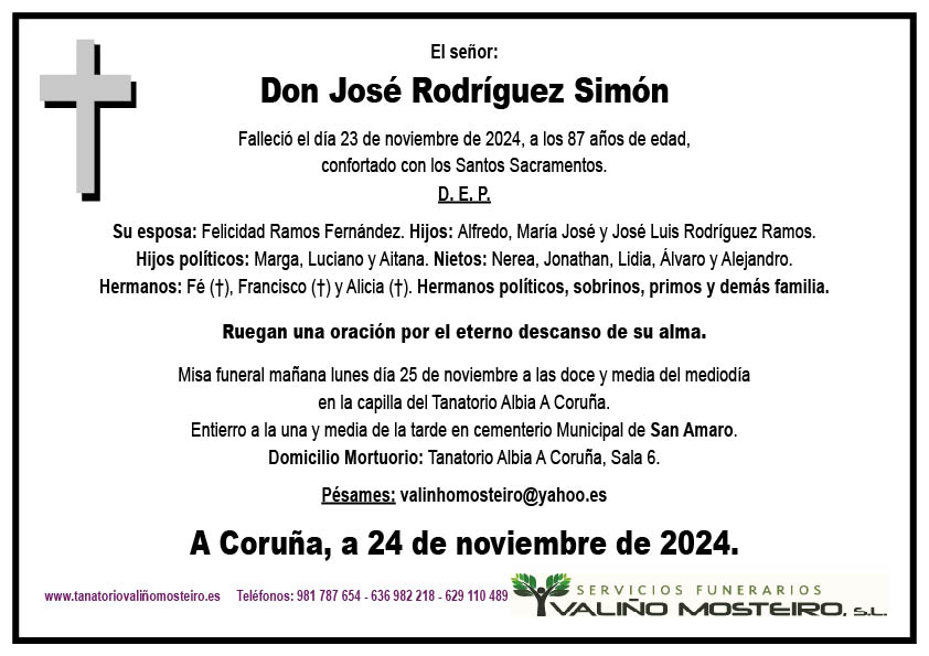 Esquela de José Rodríguez Simón.
