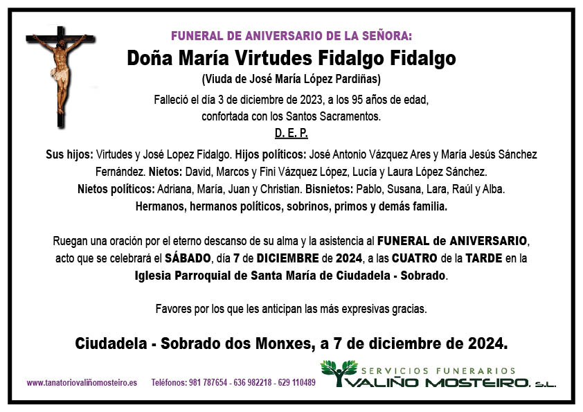 Esquela de María Virtudes Fidalgo Fidalgo.