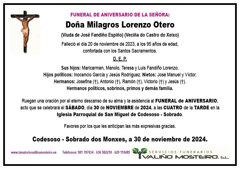 Esquela de Milagros Lorenzo Otero.
