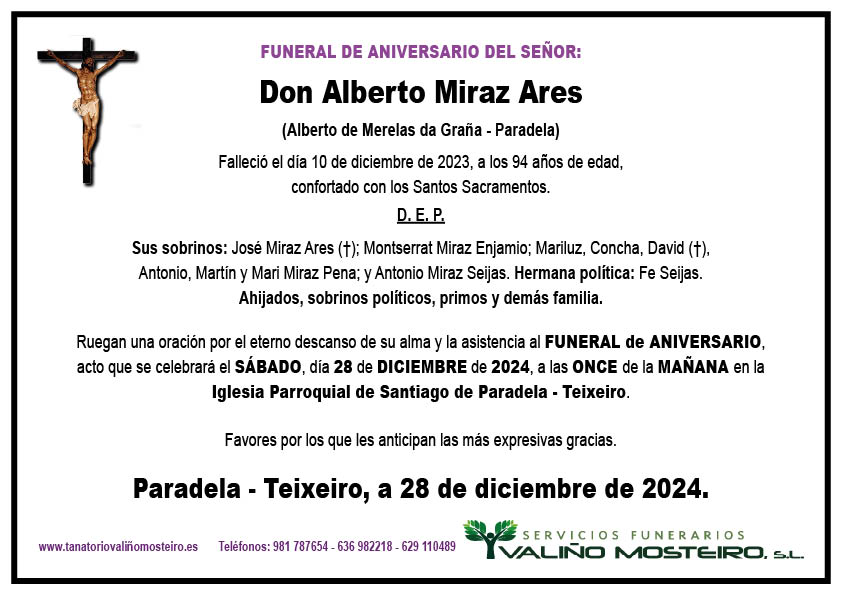 Esquela de Alberto Miraz Ares.