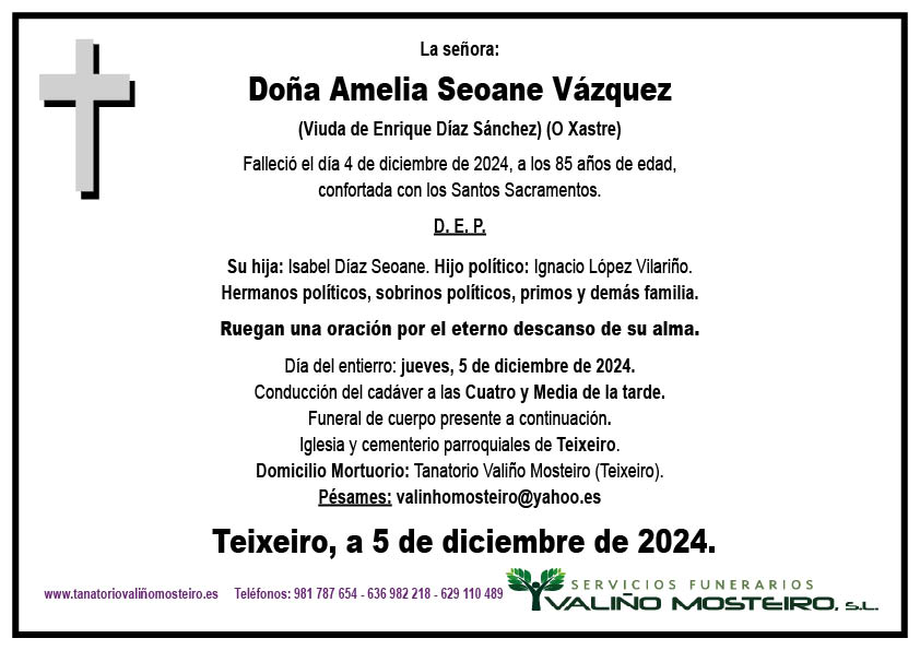 Esquela de Amelia Seoane Vázquez.