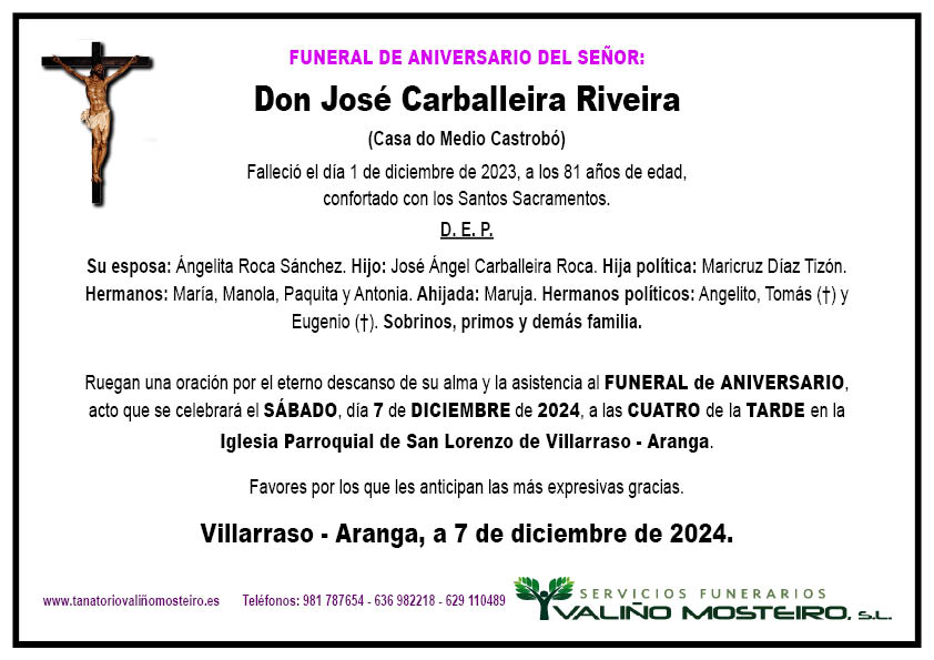 Esquela de José Carballeira Riveira.