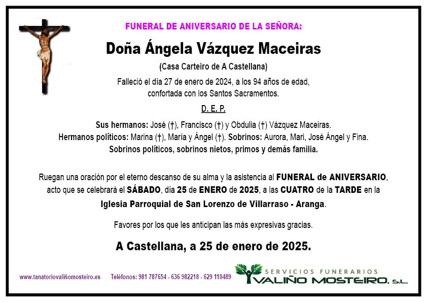 Esquela de Ángela Vázquez Maceiras.