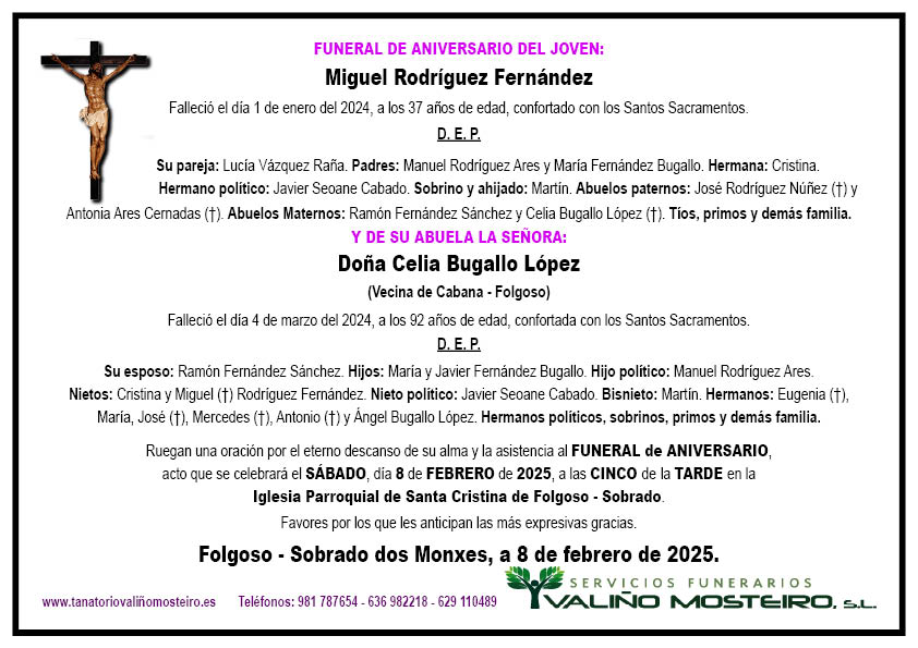 Esquela de Miguel Rodríguez Fernández.
