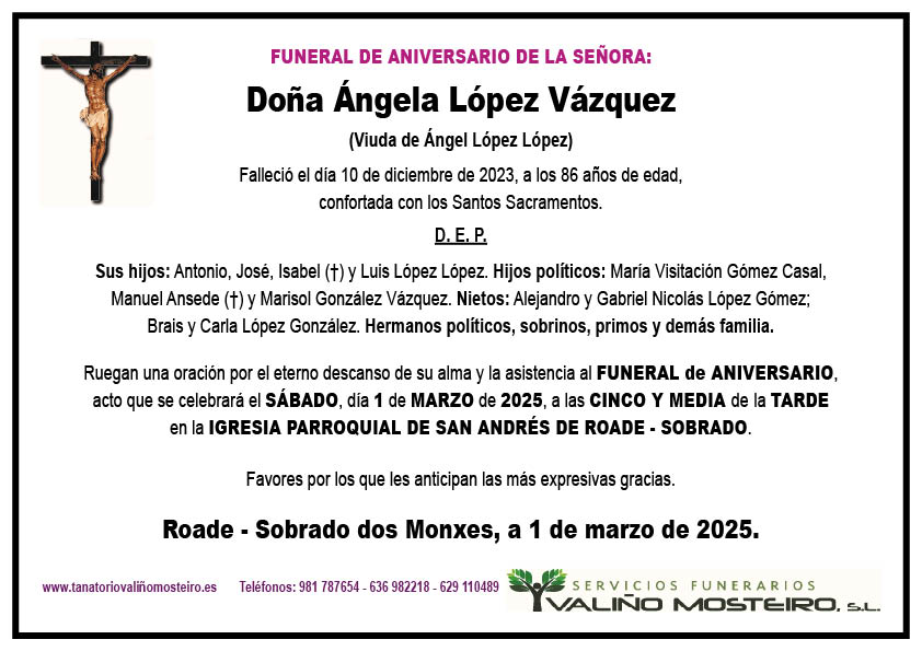 Esquela de Ángela López Vázquez