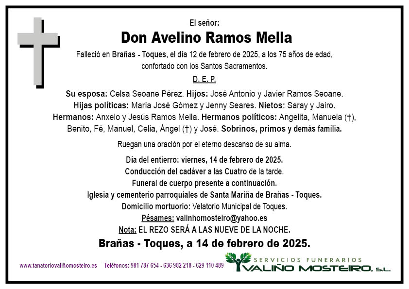 Esquela de Avelino Ramos Mella.