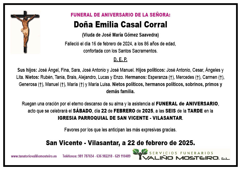 Esquela de Emilia Casal Corral.