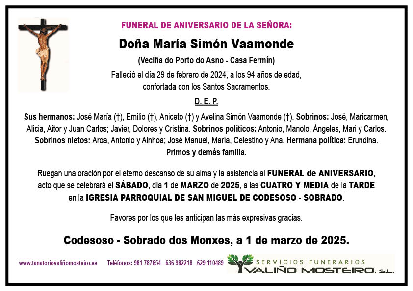 Esquela de María Simón Vaamonde