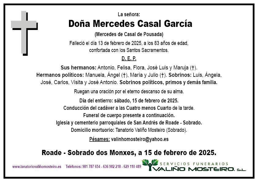 Esquela de Mercedes Casal García.
