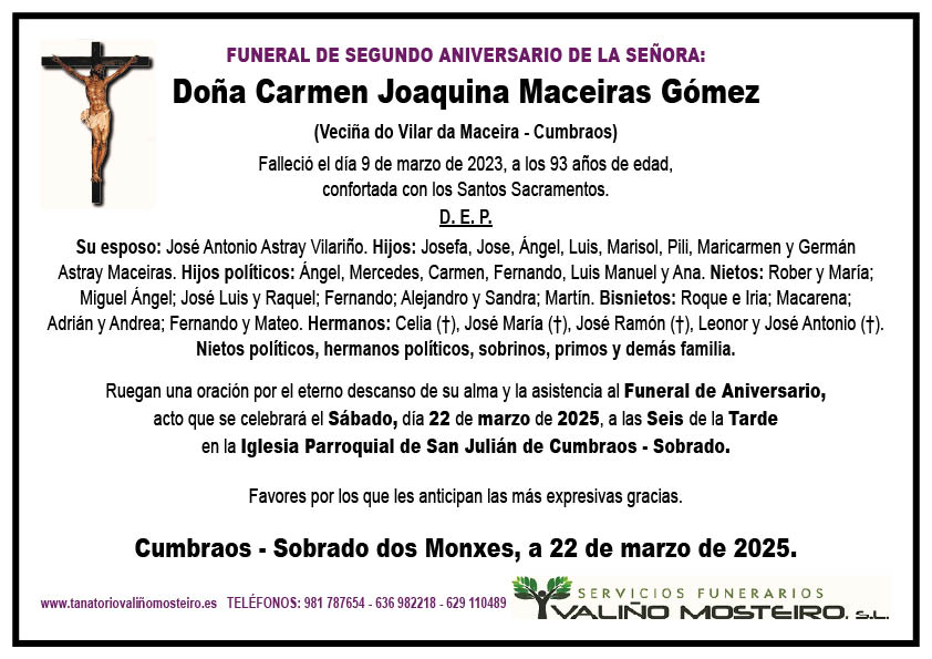Esquela de Carmen Joaquina Maceiras Gómez.