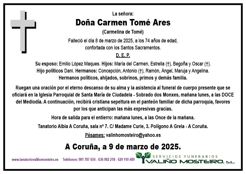 Esquela de Carmen Tomé Ares.