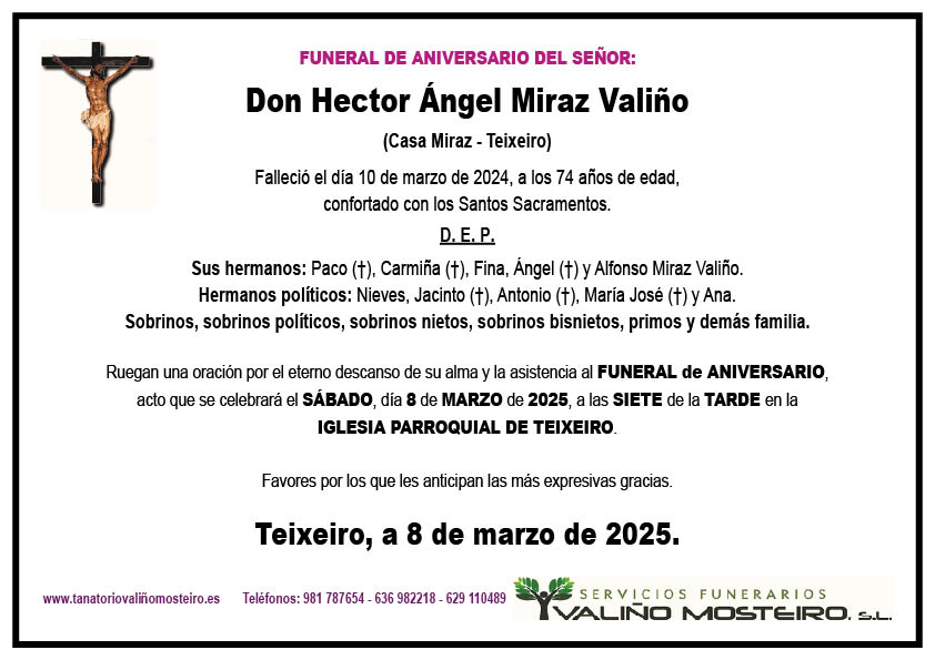 Esquela de Hector Ángel Miraz Valiño