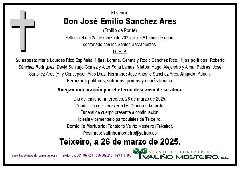 Esquela de José Emilio Sánchez Ares.