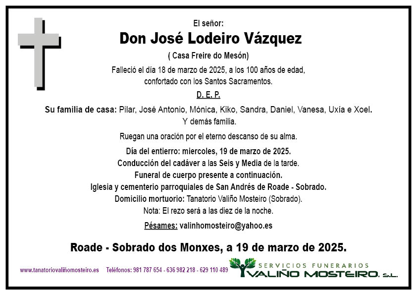 Esquela de José Lodeiro Vázquez.