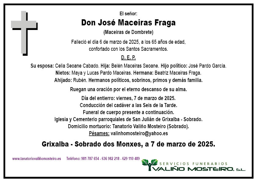 Esquela de José Maceiras Fraga.