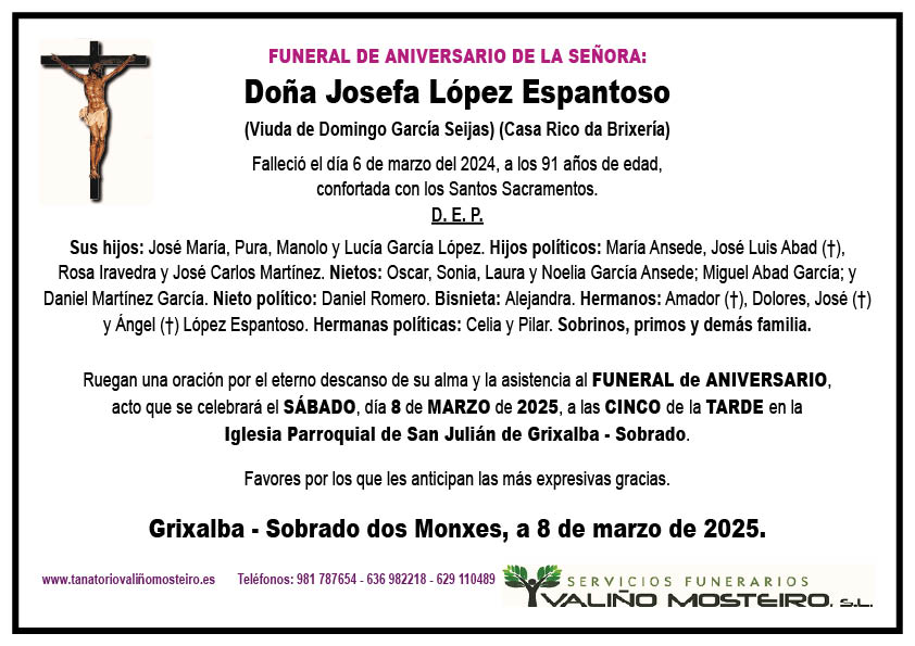 Esquela de Josefa López Espantoso.