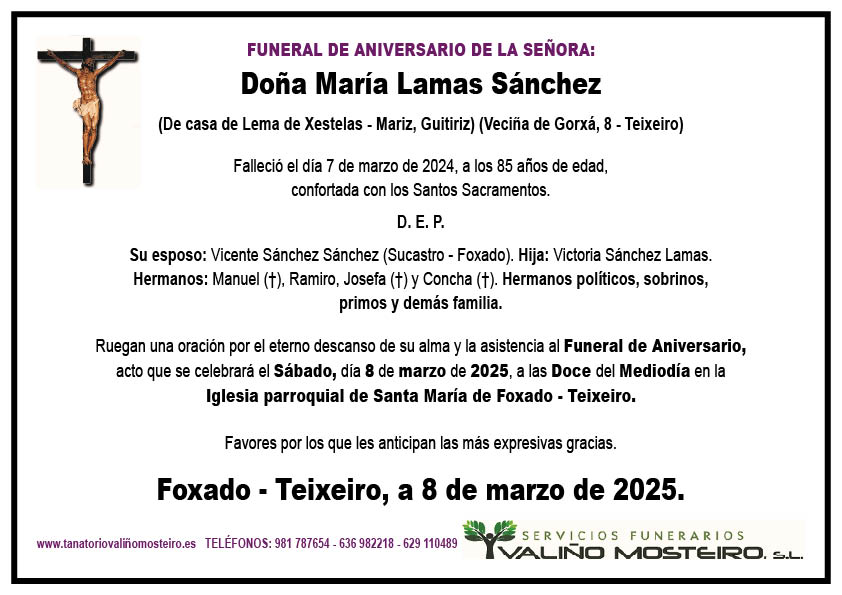 Esquela de María Lamas Sánchez