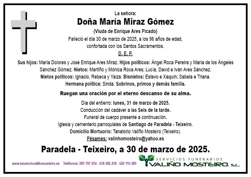 Esquela de María Miraz Gómez.