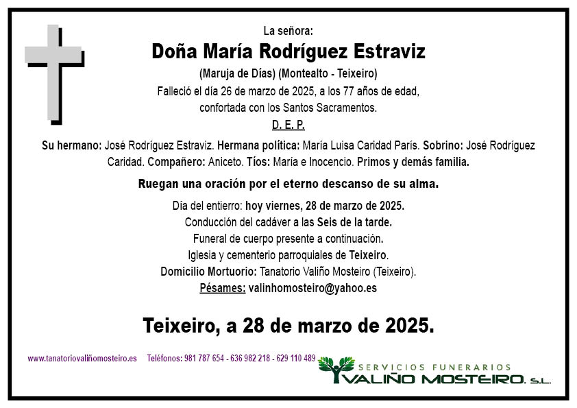 Esquela de María Rodríguez Estraviz.