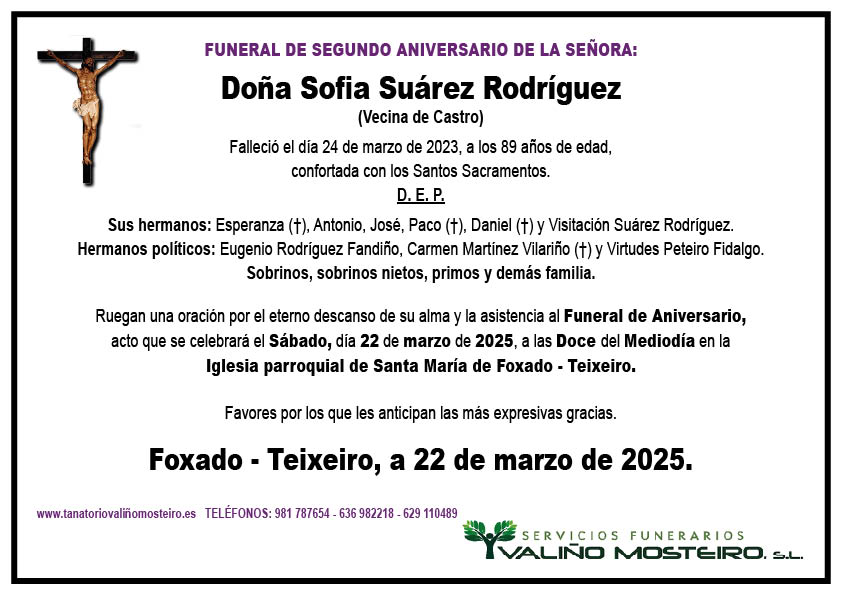 Esquela de Sofia Suárez Rodríguez.
