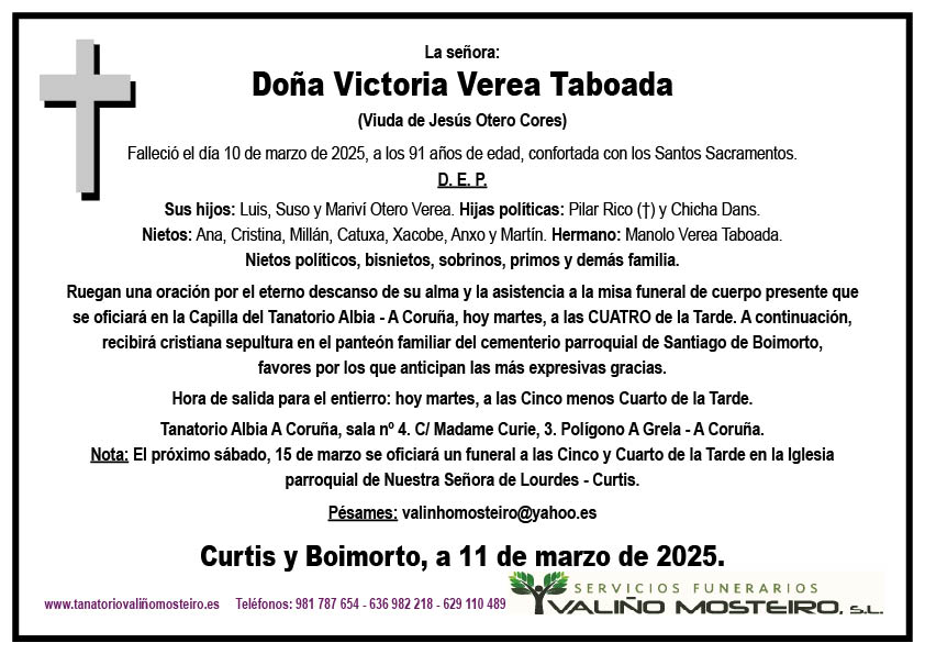 Esquela de Victoria Verea Taboada.