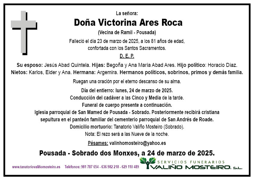 Esquela de Victorina Ares Roca.