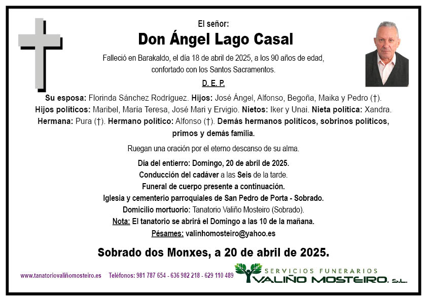 Esquela de Ángel Lago Casal.