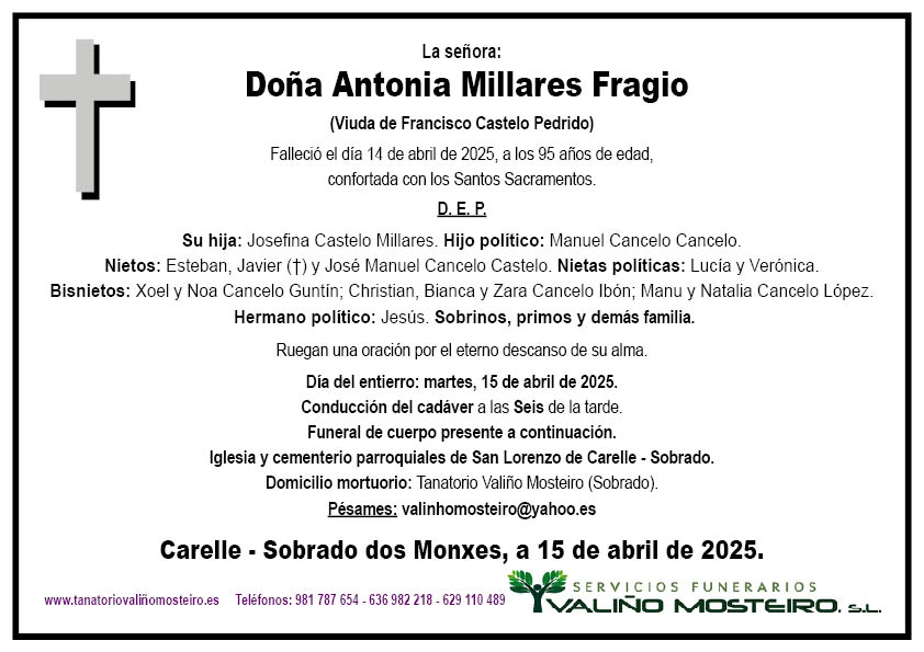 Esquela de Antonia Millares Fragio.
