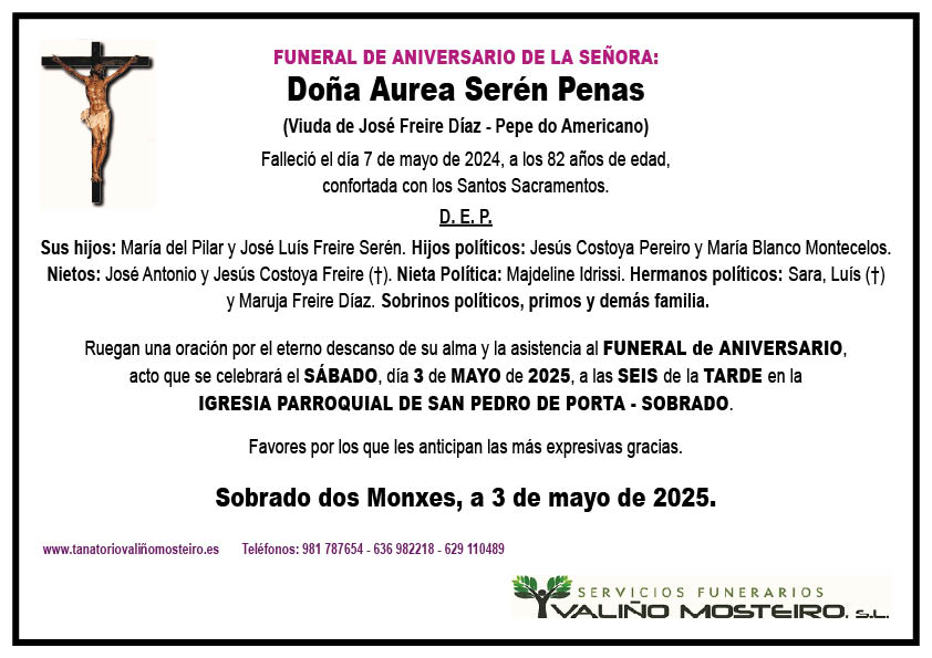 Esquela de Aurea Serén Penas.