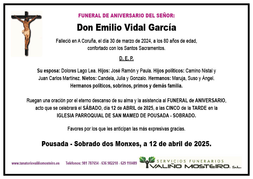 Esquela de Emilio Vidal García.