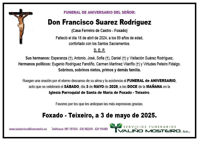 Esquela de Francisco Suarez Rodríguez.