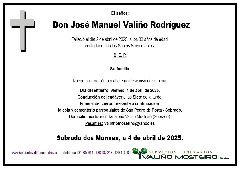 Esquela de José Manuel Valiño Rodríguez.