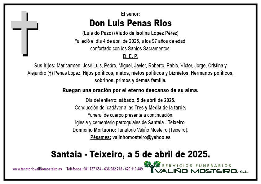 Esquela de Luis Penas Rios.