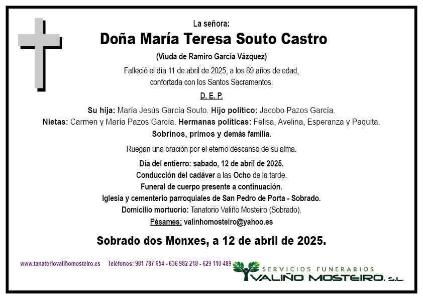 Esquela de María Teresa Souto Castro.