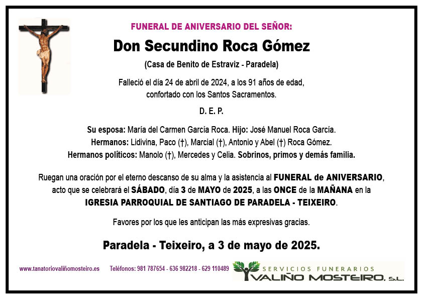 Esquela de Secundino Roca Gómez.