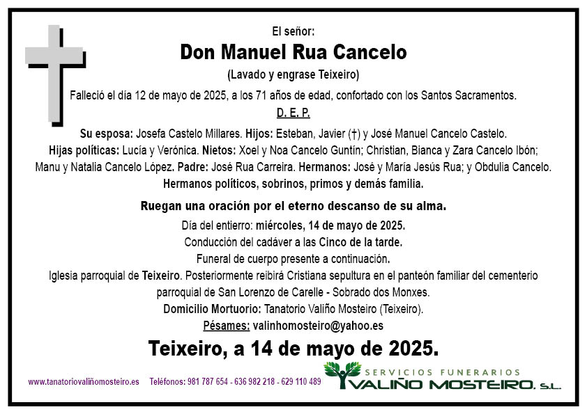 Esquela de Manuel Rua Cancelo.