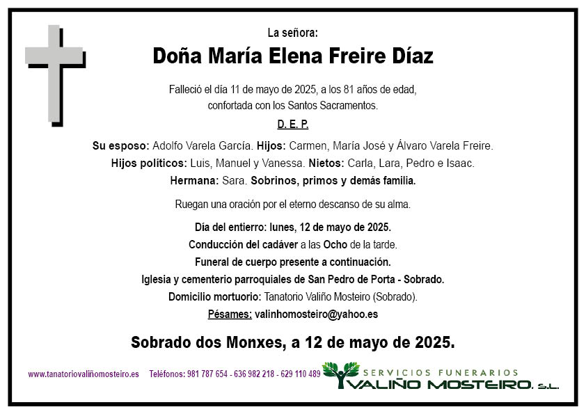 Esquela de María Elena Freire Díaz.