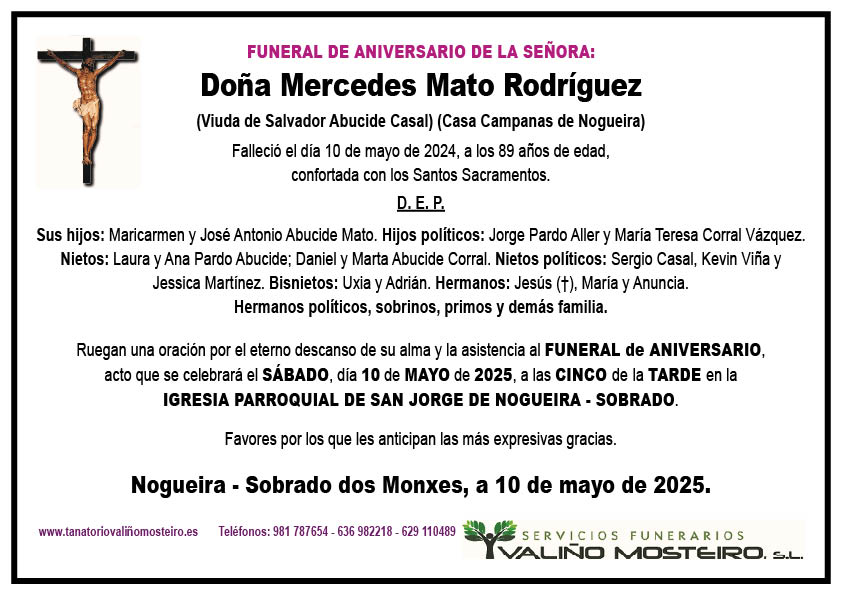 Esquela de Mercedes Mato Rodríguez.